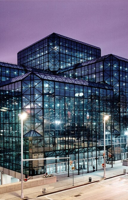 Exterior of the Javits Center in New York at night.