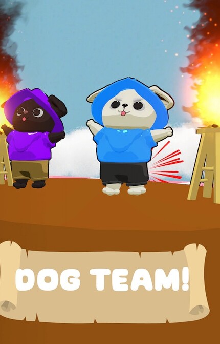 team choosing screen for personified dog game. two players on a pedestal with torches