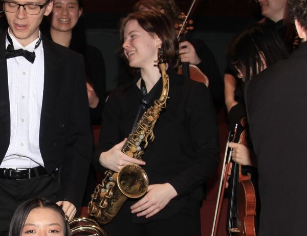 Leah Reavie in a candid photo during a performance with the U of T Hybrid Ensemble