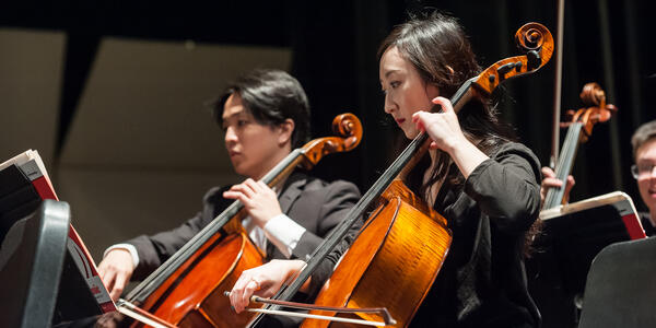 Close-up of two cellists performing in an orchestra