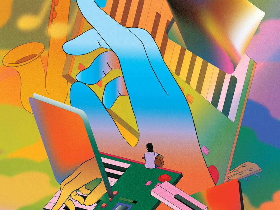 A colorful collage of a cartoon hand and instruments, including keyboards, guitars, and a saxophone.