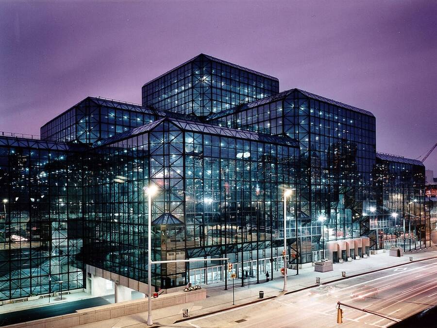 Exterior of the Javits Center in New York at night.