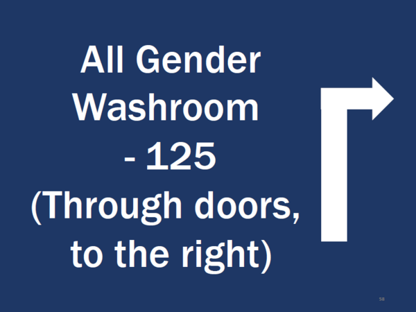 Example of navigation sign pointing to all gender washroom.