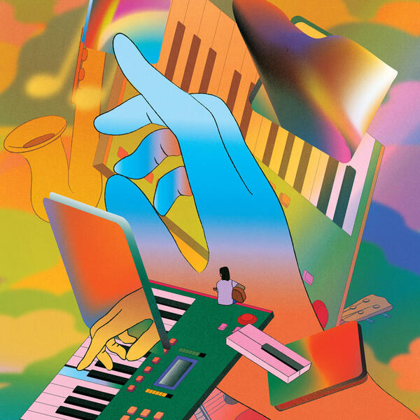 A colorful collage of a cartoon hand and instruments, including keyboards, guitars, and a saxophone.